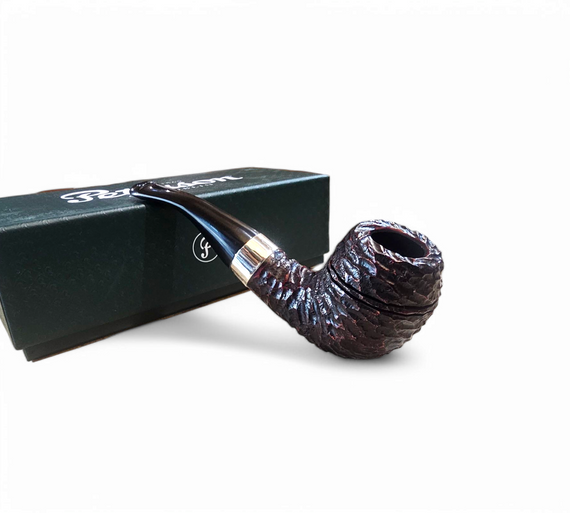 Pipa Irlandese Peterson Sherlock Holmes 'Deerstalker' Rhodesian Semi Bent Rusticata Silver Band 925 Palatale P-lip
