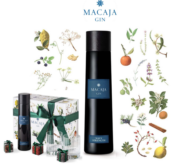 Gin Macaja Navy Strength con 2 bicchieri e 3 botaniche
