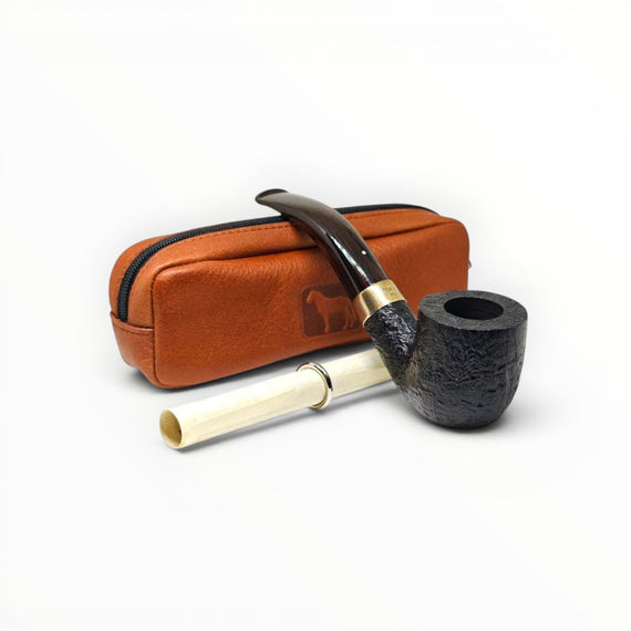 Floppypipe Alfred Dunhill Zodiac Year of the Horse pipe, black Shell Briar bent pot with silver band and terracotta leather pouch.