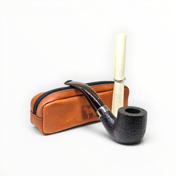 Floppypipe Alfred Dunhill Zodiac Year of the Horse pipe, black shell briar bent pot shape with silver band and terracotta leather pouch.