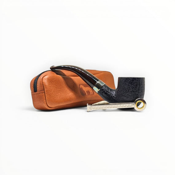 Floppypipe Alfred Dunhill Zodiac Year of the Horse pipe, black shell briar bent pot shape with silver band and terracotta leather pouch.