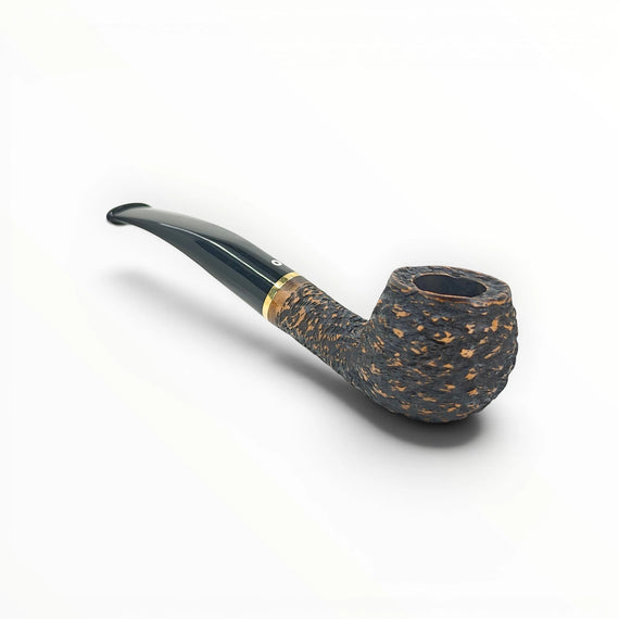 Floppypipe Bent Prince pipe with rustic bowl, smooth natural briar shank, black stem, and gold band. For Latakia tobacco.