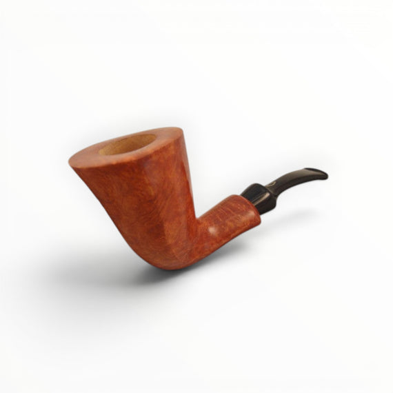 Floppypipe Pipa Brebbia Nemo Selected Italy, a smooth briar wood smoking pipe with a bent black stem.