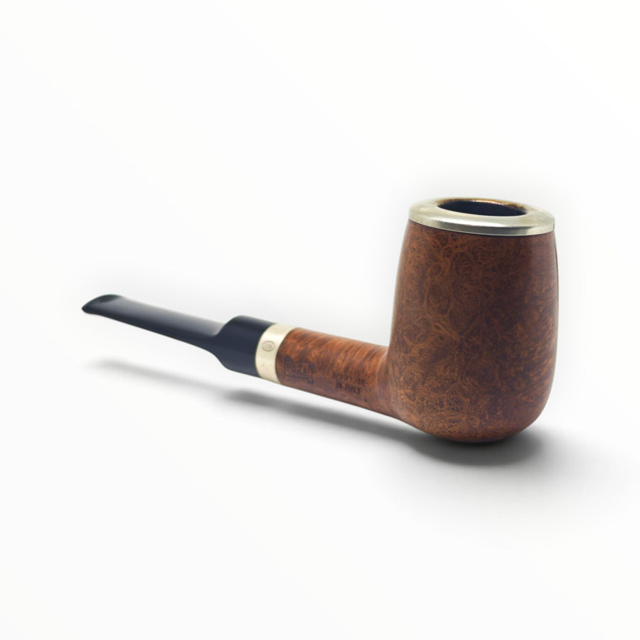 Floppypipe Brebbia Pura Maigret pipe with smooth briar wood, 925 silver rim and shank band, and black methacrylate stem.