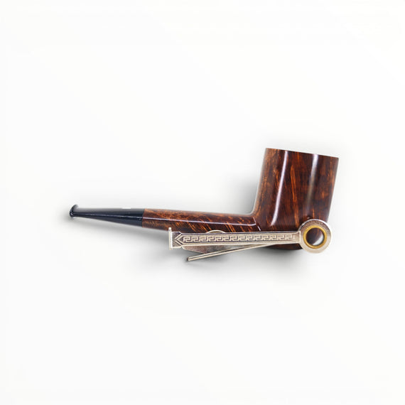 Floppypipe Pipa Castello "Castello" G Liscia, forma Canadese 33, radica fiammata marrone con bocchino nero e barretta bianca.