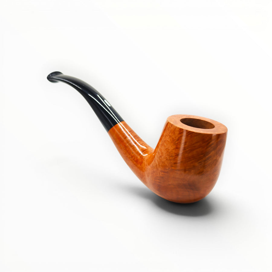 Floppypipe Pipa Castello KK Shape 65 Bent Billiard in natural light brown briar wood with bird's eye grain and black mouthpiece.