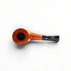 Floppypipe Castello Collection KKK Pi Greco Shape 55 pipe, natural briar wood with straight grain and birdseye, black saddle bit mouthpiece with white dot.