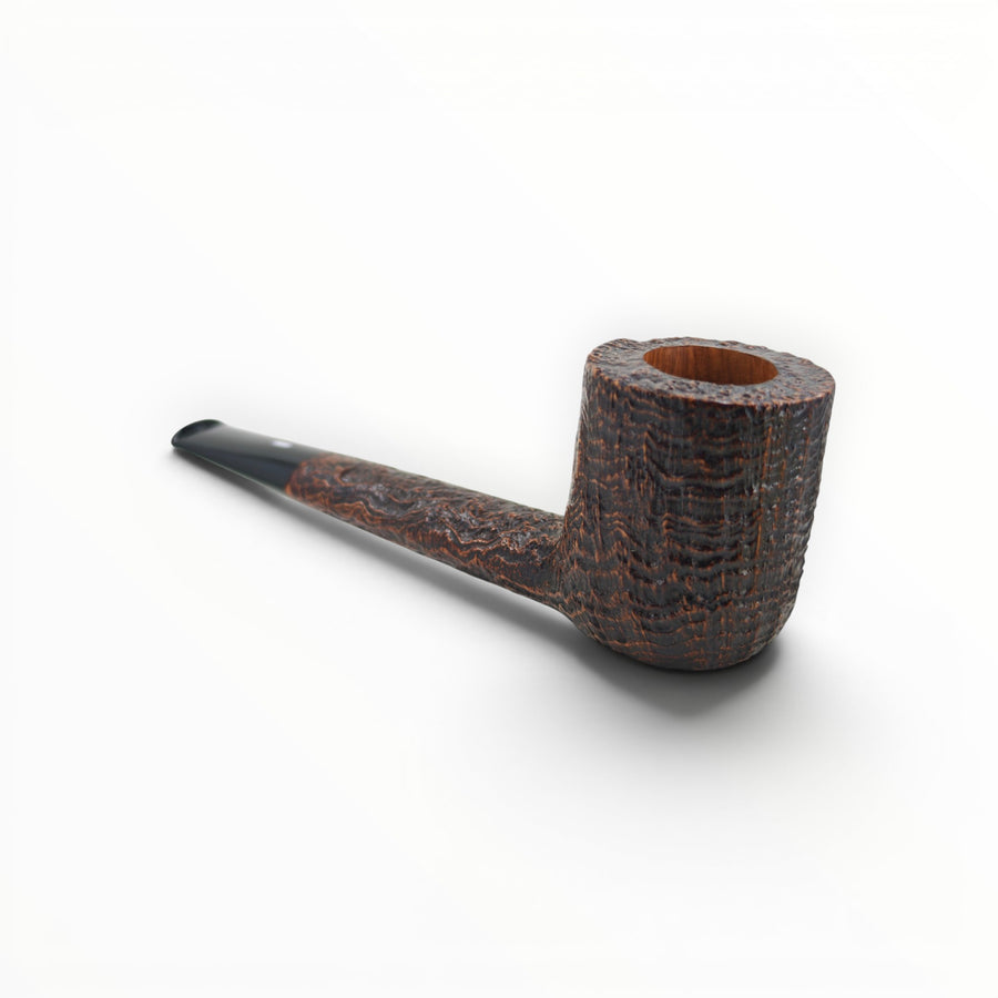 Floppypipe Castello Old Antiquari G Shape 33 Canadese Lunga, dark sandblasted briar, black tapered methacrylate mouthpiece with white dot.