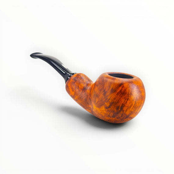 Floppypipe Chacom Reverse Calabash pipe, smooth matte orange briar wood with black acrylic stem. Bent Apple shape.