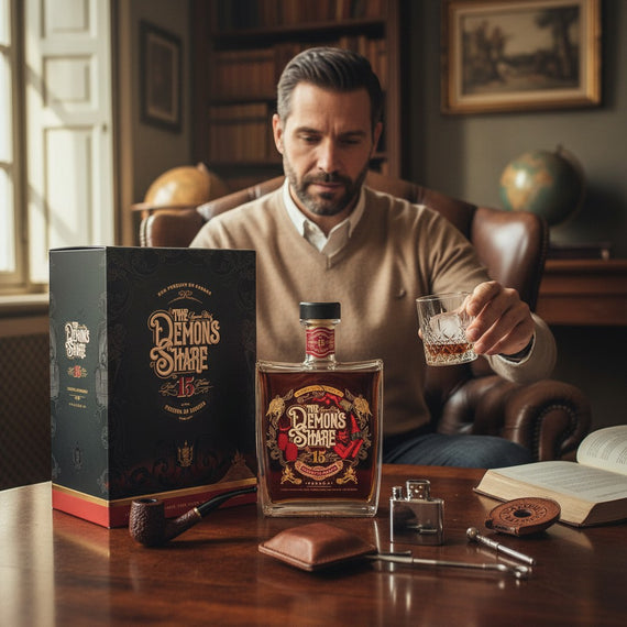 Floppypipe The Demon's Share 15 Anni Reserva de Bodega rum in a square glass bottle with ornate label. Includes gift box.
