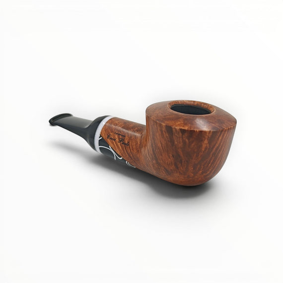Floppypipe Pipa Talamona Reverse Special Liscia Dublin, a smooth natural briar pipe with a Dublin shape and black mouthpiece with white graphic detail.