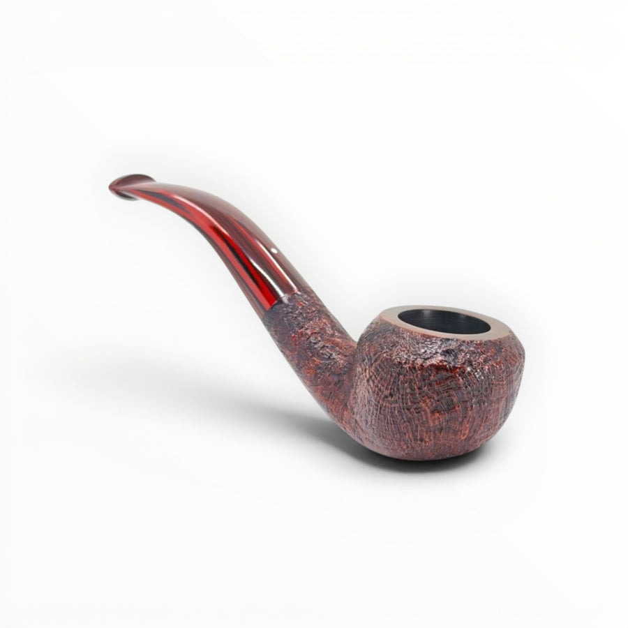 Alfred Dunhill "The White Spot" Cumberland 2108 Bent Rhodesian pipe, sandblasted dark brown briar with red-streaked ebonite stem.
