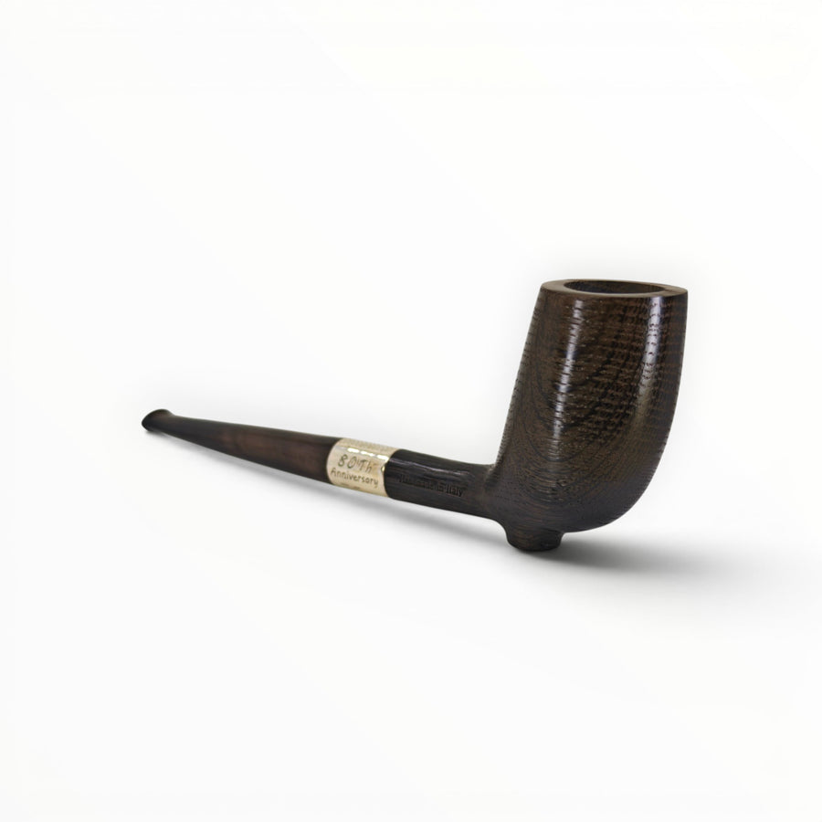 Floppypipe Pipa Paronelli 80th Anniversary Morta (Bog Oak) Stand Up pipe, limited edition 20/80. Black fossilized oak with silver band and horn mouthpiece.