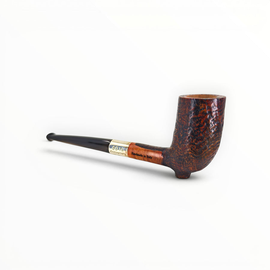 Floppypipe Pipa Paronelli 80th Anniversary limited edition pipe, dark sandblasted briar with smooth natural briar insert and silver band, black horn stem.