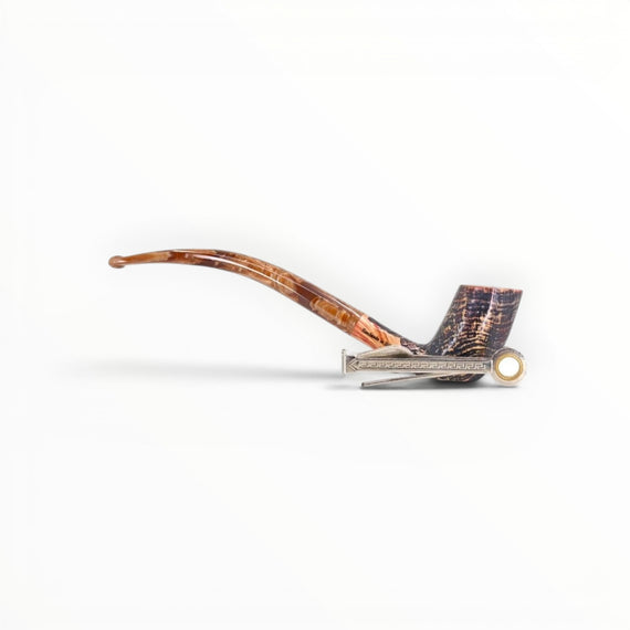 Floppypipe Pipa Paronelli Belle Epoque Sabbiata, bent Churchwarden pipe with dark sandblasted briar bowl and amber marbled mouthpiece.