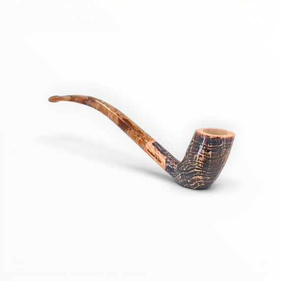 Floppypipe Pipa Paronelli Belle Epoque Sabbiata, bent Churchwarden pipe with dark sandblasted briar bowl and amber marbled mouthpiece.