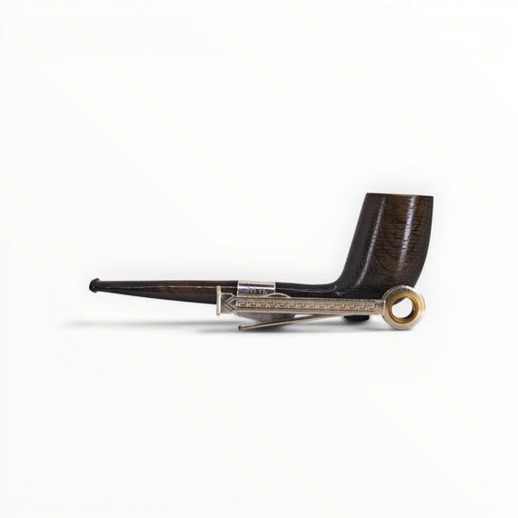 Floppypipe Pipa Paronelli 80th Anniversary Morta (Bog Oak) Stand Up pipe, limited edition 20/80. Black fossilized oak with silver band and horn mouthpiece.