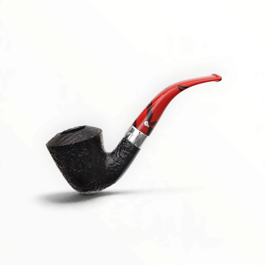 Pipa Floppypipe Peterson Dracula B10 sabbiata nera con bocchino marmorizzato rosso e nero e vera in nichel lucido