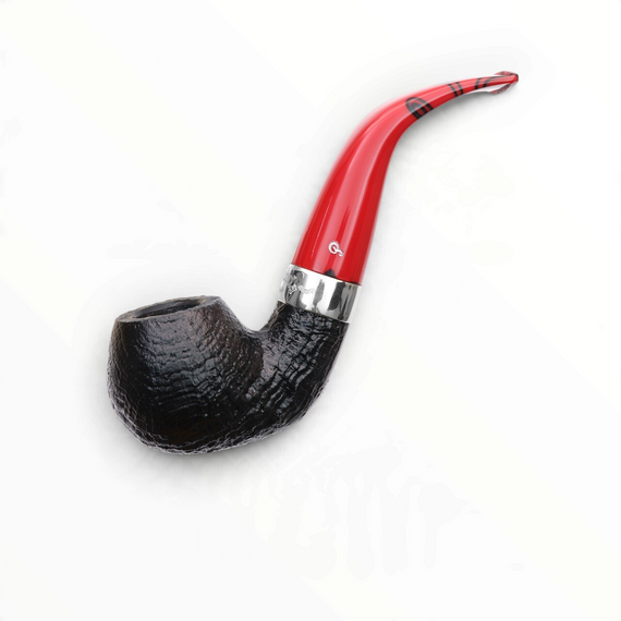 Pipa Floppypipe Peterson Dracula XL02 in radica sabbiata nera con bocchino curvo in acrilico rosso e vera in nichel.