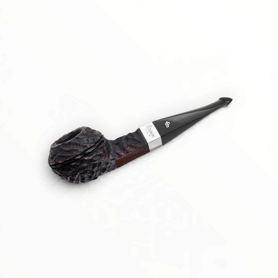 Pipa Floppypipe Peterson Pipe of the Year 2026, shape 493 Squat Bulldog, radica rusticata scura con vera in argento.