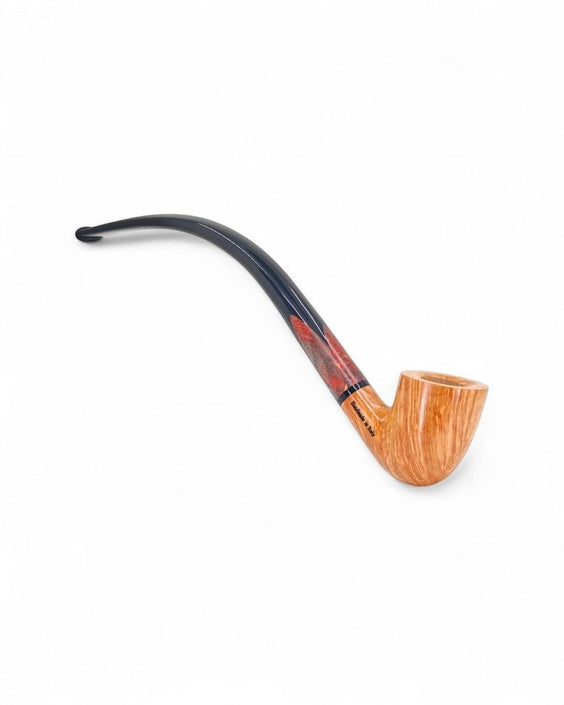 Pipa churchwarden Floppypipe con finitura liscia chiara in radica italiana e intarsio in legno stabilizzato, bocchino nero.