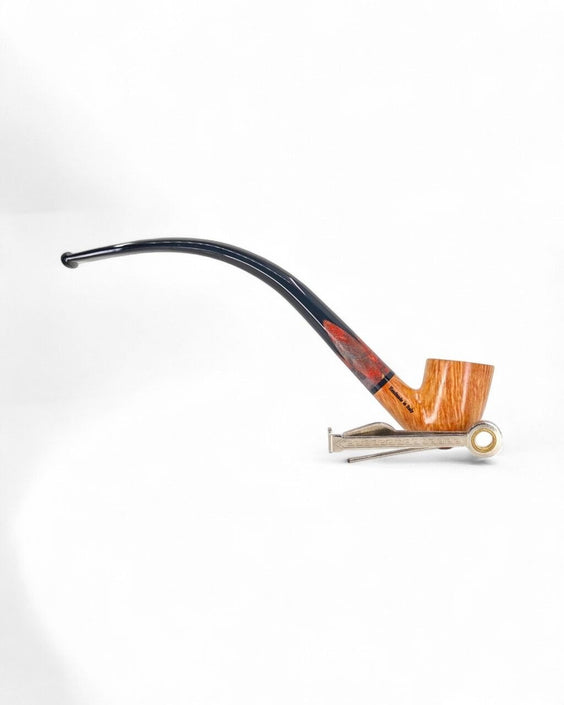 Pipa churchwarden Floppypipe con finitura liscia chiara in radica italiana e intarsio in legno stabilizzato, bocchino nero.