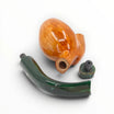 Pipa artigianale Floppypipe in radica liscia color miele, forma Egg Stand-up, con bocchino verde screziato e tappo anti acquerugiola.
