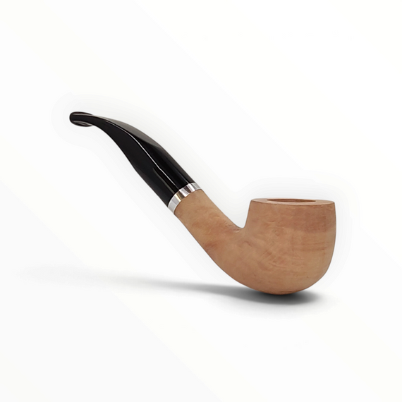 Pipa Floppypipe Primitive curva in radica naturale liscia con bocchino in metacrilato nero e foratura da 9 mm