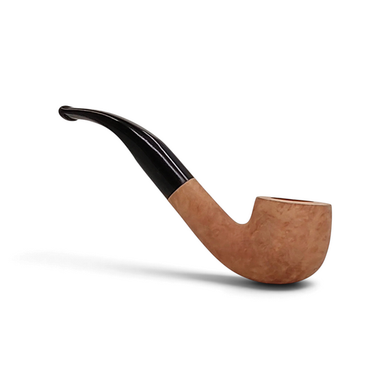 Pipa Floppypipe Primitive curva in radica naturale liscia con bocchino in metacrilato nero e foratura da 9 mm.