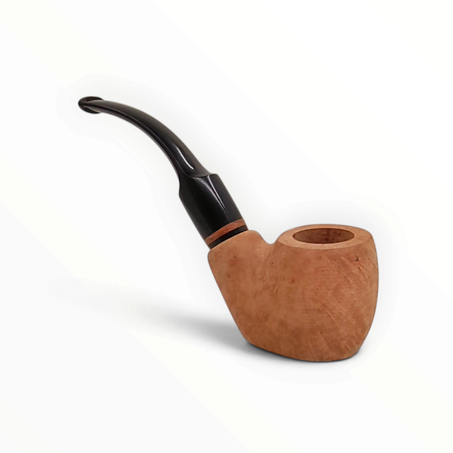 Pipa Floppypipe Primitive curva in radica naturale grezza con bocchino in metacrilato nero, design stand up.