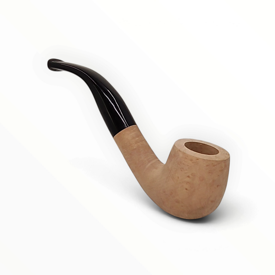 Pipa Floppypipe Primitive curva in radica naturale liscia con bocchino in metacrilato nero e filtro da 9 mm