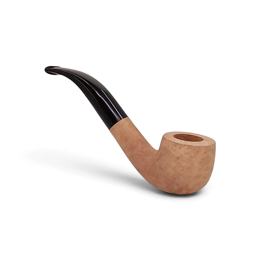 Pipa Floppypipe Primitive curva in radica naturale liscia con bocchino in metacrilato nero e foratura da 9 mm.