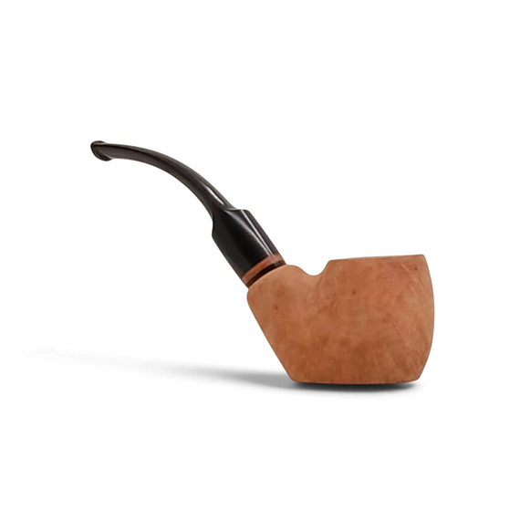 Pipa Floppypipe Primitive curva in radica naturale grezza con bocchino in metacrilato nero, design stand up.