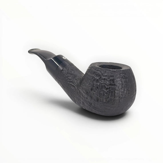 Pipa Talamona Reverse Calabash Bent Apple Chubby Sabbiata nera in radica con finitura sabbiata e bocchino in metacrilato.