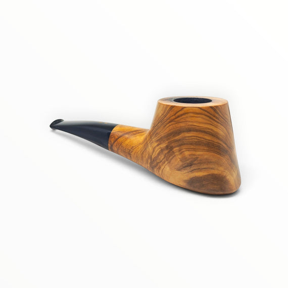Pipa Floppypipe Radice Toto in legno di ulivo liscio con forma conica e bocchino a sella nero in metacrilato