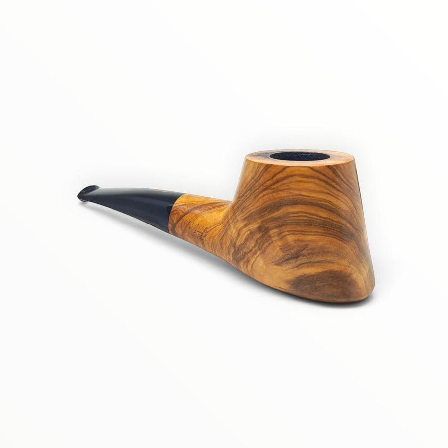 Pipa Floppypipe Radice Toto in legno di ulivo liscio con forma conica e bocchino a sella nero in metacrilato