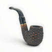 Floppypipe Pipa Talamona Rusticata Latakia 863 Bent Apple pipe with a rustic dark briar bowl, smooth natural briar shank, and black mouthpiece with gold band.