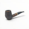 Floppypipe Pipa Talamona Rusticata Latakia 802 Bent Brandy pipe with a rustic dark briar bowl and smooth natural briar shank, black mouthpiece, gold band.