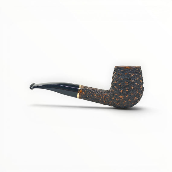 Floppypipe Pipa Talamona Rusticata Latakia 802 Bent Brandy pipe with rustic bowl, smooth stem, and gold band. Features 9mm filter.