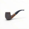 Floppypipe Pipa Talamona Rusticata Latakia 705 Bent Billiard pipe with a rustic dark briar bowl and smooth natural briar shank, black mouthpiece, and gold band.