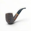 Floppypipe Pipa Talamona Rusticata Latakia 705 Bent Billiard pipe with a rustic dark bowl, smooth natural briar shank, and black mouthpiece with gold band.