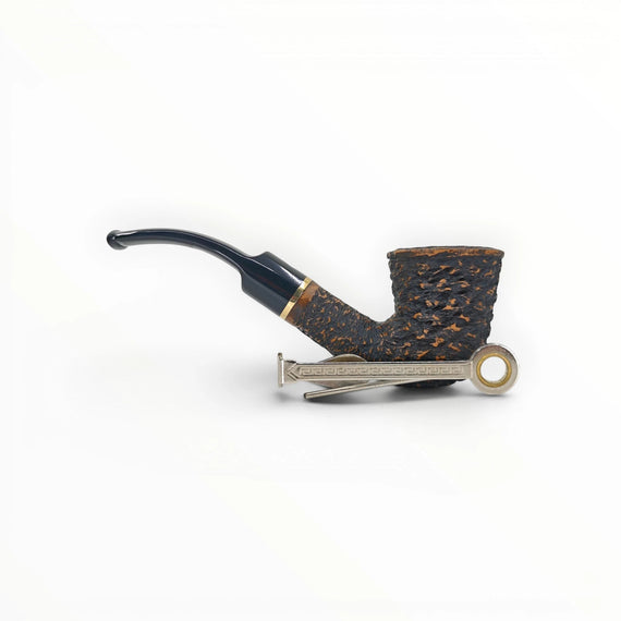 Floppypipe Pipa Talamona Rusticata Latakia 807 Bent Dublin pipe with a rustic black finish and a smooth natural briar section, gold band, and black mouthpiece.