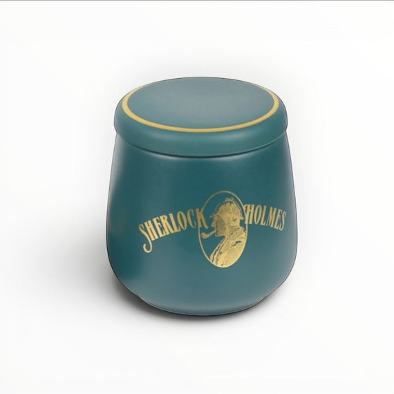 Set Floppypipe Sherlock Holmes in ceramica verde ottanio con vaso per tabacco e battipipa con dettagli dorati