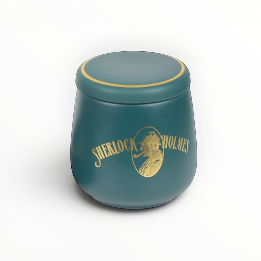 Set Floppypipe Sherlock Holmes in ceramica verde ottanio con vaso per tabacco, battipipa e posapipe con dettagli dorati