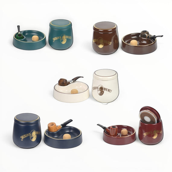 Set Floppypipe Sherlock Holmes in ceramica verde ottanio con vaso per tabacco e battipipa con dettagli dorati