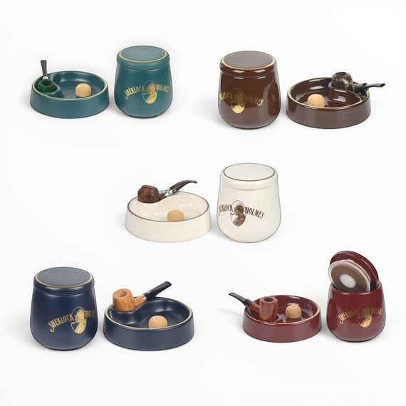 Set Floppypipe Sherlock Holmes in ceramica verde ottanio con vaso per tabacco e battipipa con dettagli dorati