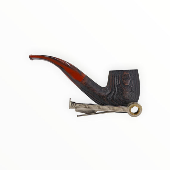Floppypipe Talamona New Look in Black Bent 705 pipe: black sandblasted ash wood bowl with briar insert, cumberland acrylic stem.