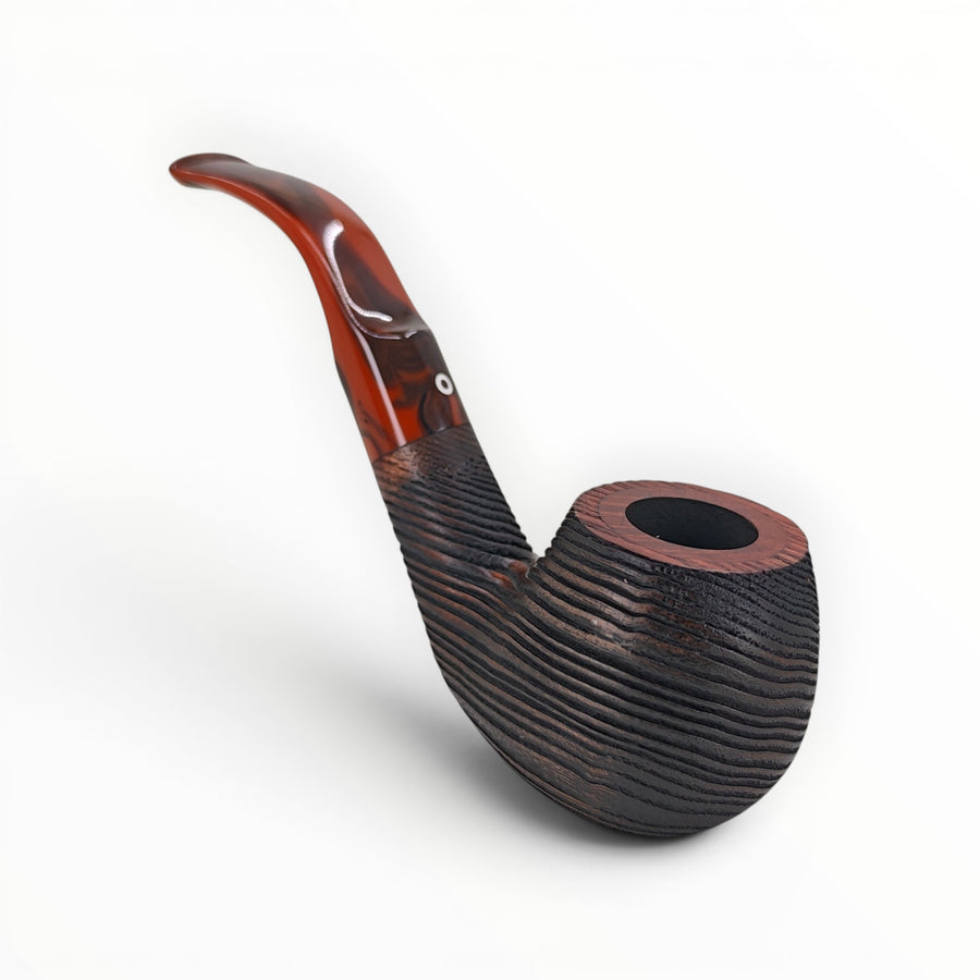 Floppypipe Talamona New Look in Black bent apple pipe, black sandblasted ash wood with briar insert and cumberland mouthpiece.