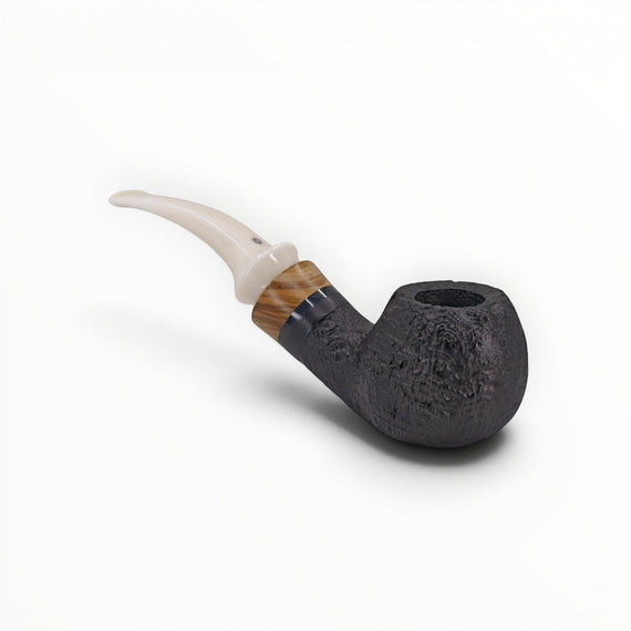 Floppypipe Talamona Reverse Special Bent Apple pipe, black sandblasted finish, ivory methacrylate mouthpiece with olive wood and green accent.