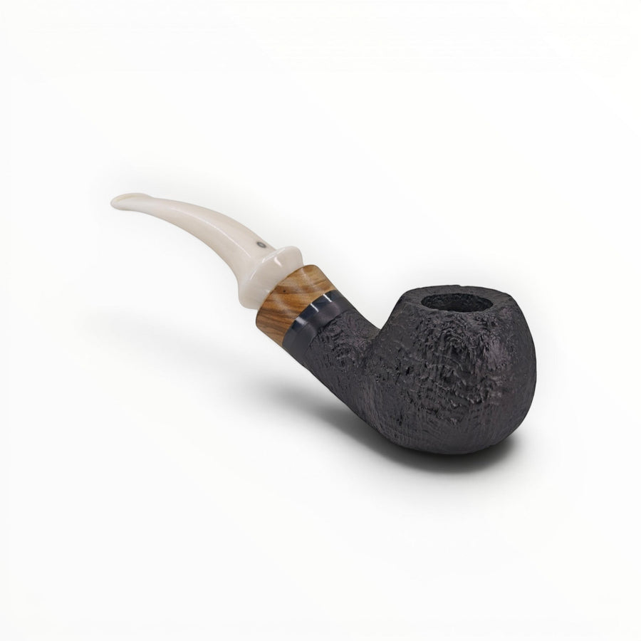 Floppypipe Talamona Reverse Special Bent Apple pipe, black sandblasted finish, ivory methacrylate mouthpiece with olive wood and green accent.